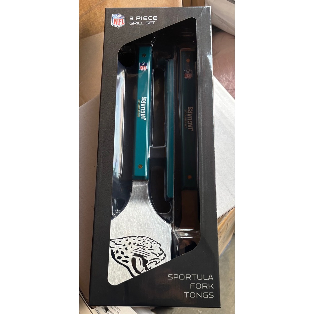 NFL Jacksonville Jaguars 3 Piece BBQ Grill Set Sportula Tongs Fork Teal Silver - Picture 4 of 4